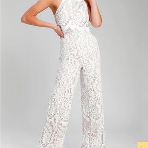 Lulus white lace halter jumpsuit! Perfect for wedding season! NWT!!